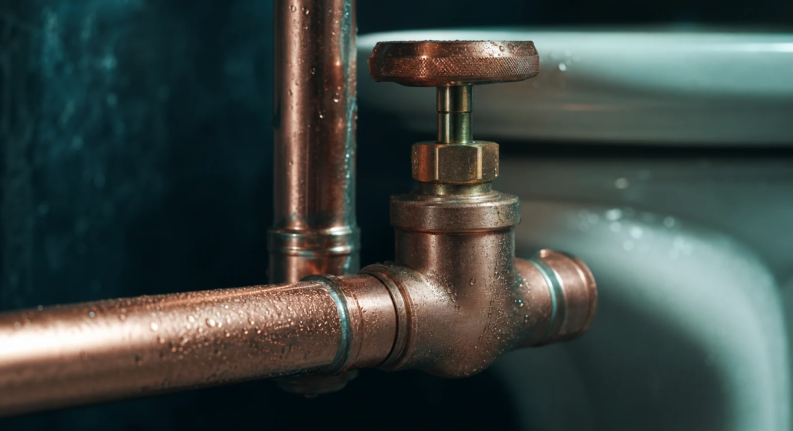 Close view of a clean copper valve and joined pipe